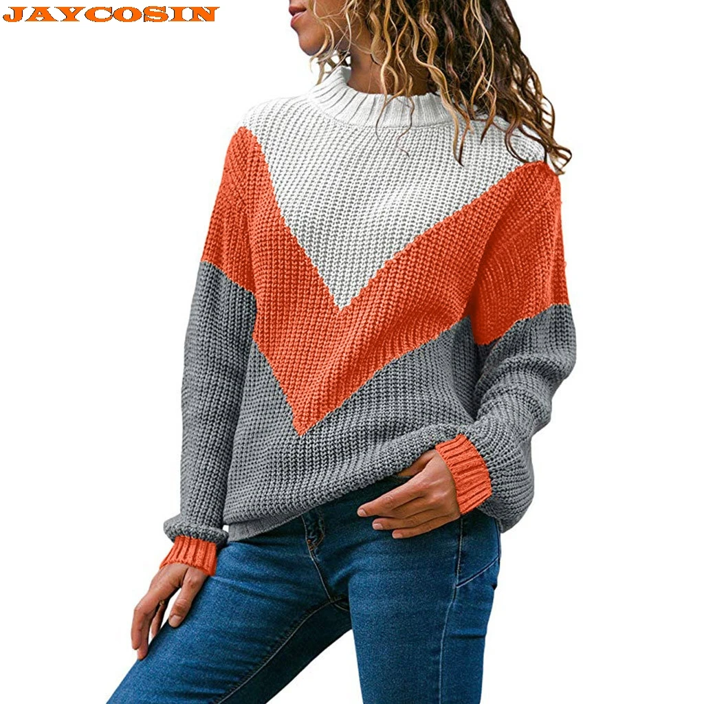 

JAYCOSIN Hot Fashion Design Women Round Neck Color Block Long Sleeve Knitted Sweater Tops Pullover Jumper High Quality Sweater