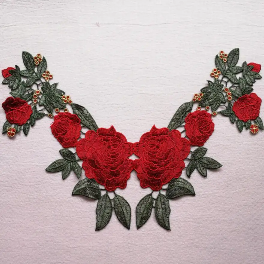 5pcs Embroidered 3D Rose Flower Leaf Collar Patches Appliqued For Neckline Collar Sewing Apparel