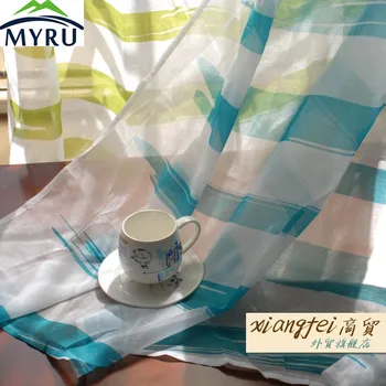 

MYRU sky blue and grass green sheer curtain decorated voile curtains with punching process for bedroom and living room