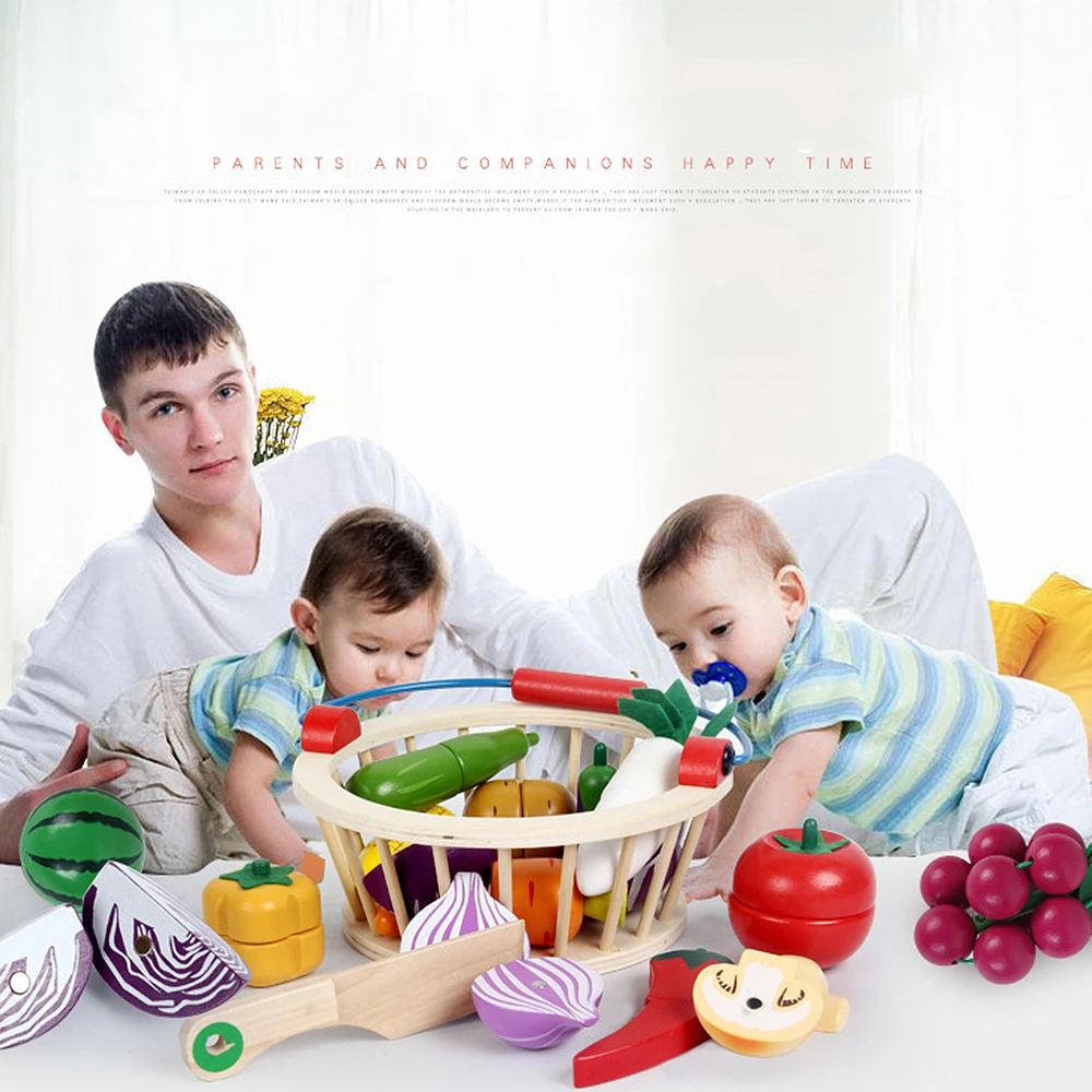 

Kitchen Food Toy 12pcs/14pcs Cutting Fruit/Vegetable Wooden Play Food Children Toy Play House Kitchen with Basket Kids Toys