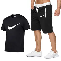 Качественные летние мужские комплекты ADI print мужские комплекты футболки + шорты комплекты из двух предметов Повседневный Спортивный костюм