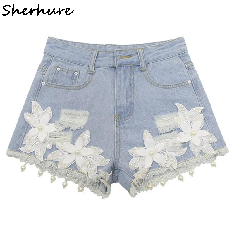 

Sherhure 2018 Boho Women Denim Shorts Pearl Sequins Flower Beading Women Shorts High Waist Summer Shorts Feminino Pantalones