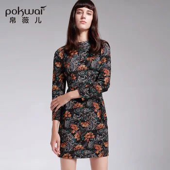 

POKWAI New Autumn Casual Slim Mini Dress Women Fashion High Quality Wrist Sleeve O-Neck Button Floral Print Sheath Dresses