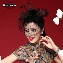 Kyunovia красивый черный/белый/красный/розовый/фиолетовый в форме птичьей клетки, Свадебный вуаль с перьями и цветами для невесты, свадебные шляпы, Фата для лица FW12