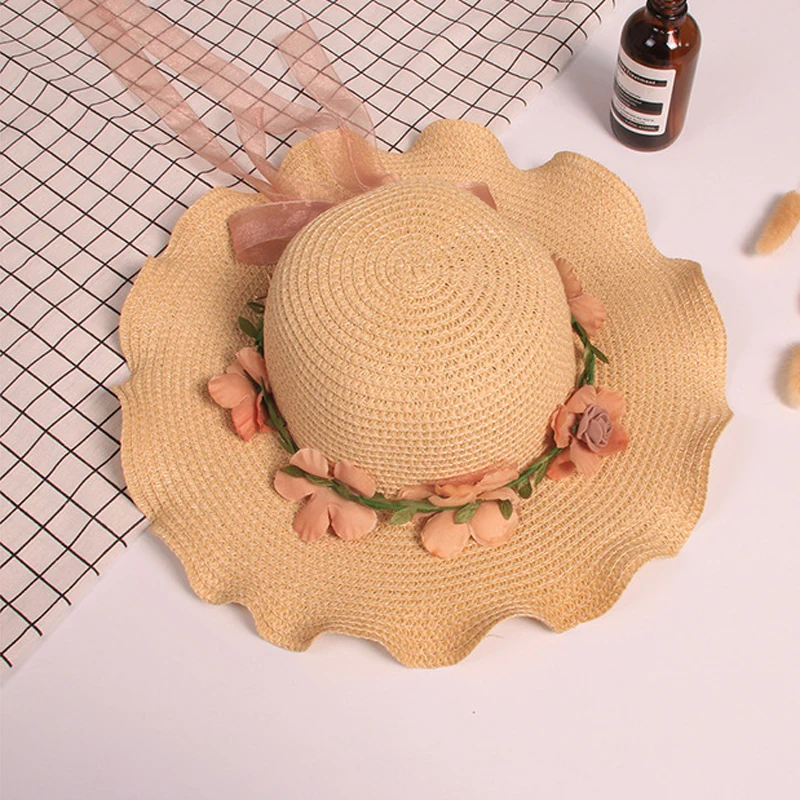 

New Summer Children Sweet Princess Bow Straw Hat Baby Girls Beach Hats Kids Sun Hat Beanie Patchwork Lace Cap 5-10 years XL157