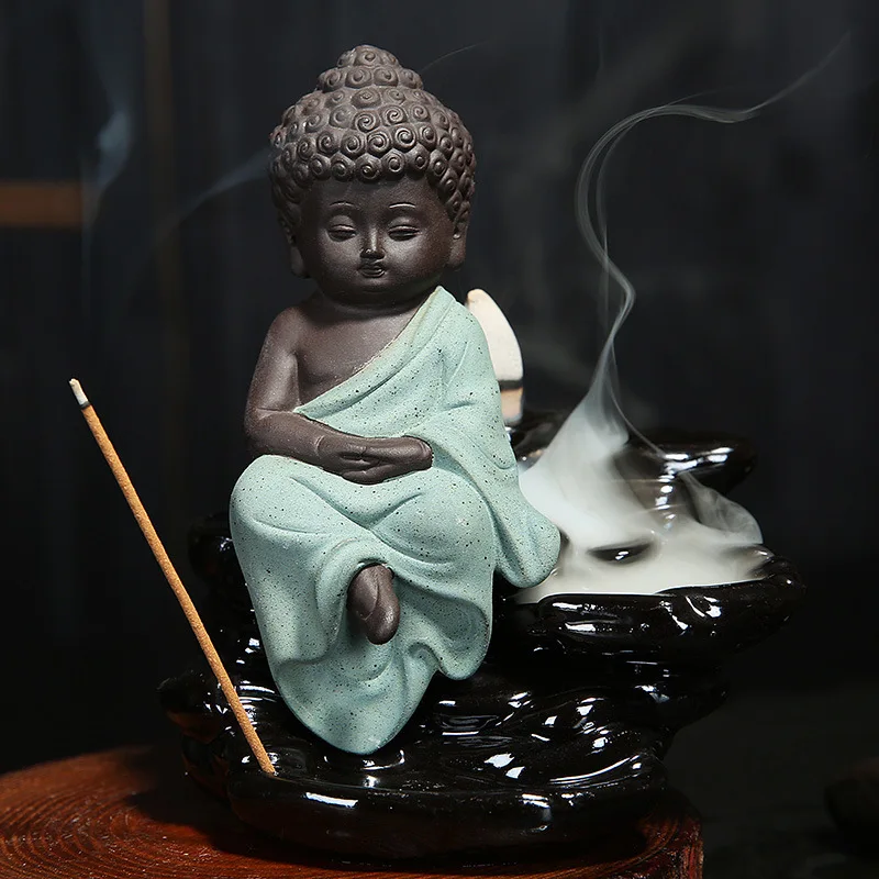 Маленький монах Маленький Будда курильница аромапалочки горелка с Буддой фиолетовый глиняная посуда спиральный ладан база G - Цвет: Green Buddha 1