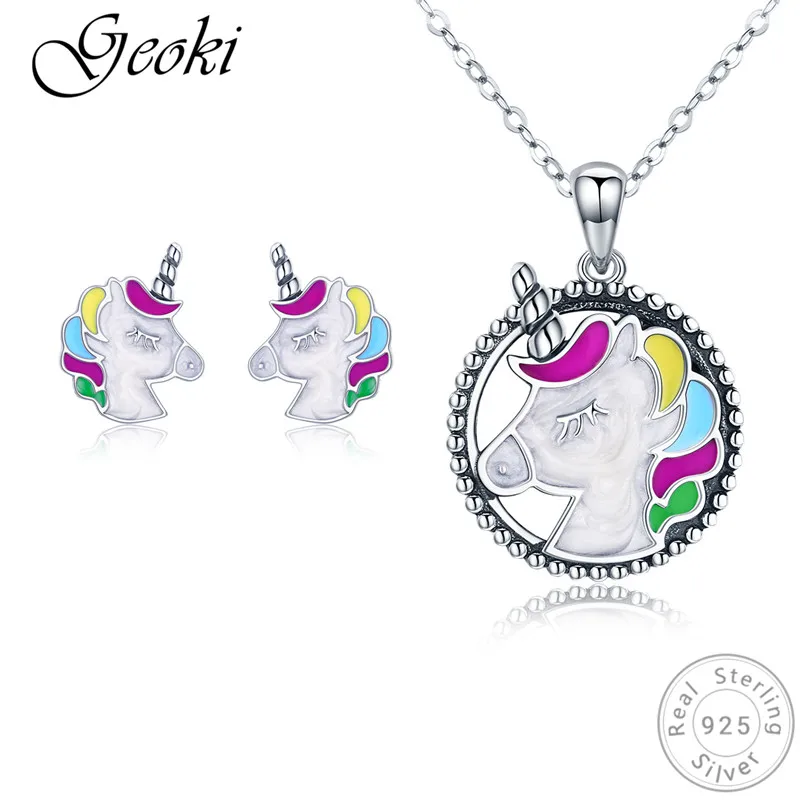 

Geoki 925 Sterling Silver Colored Enamel Unicorn Stud Earrings&Pendant Necklace Little Girls Cute Carousel Children Jewelry Sets
