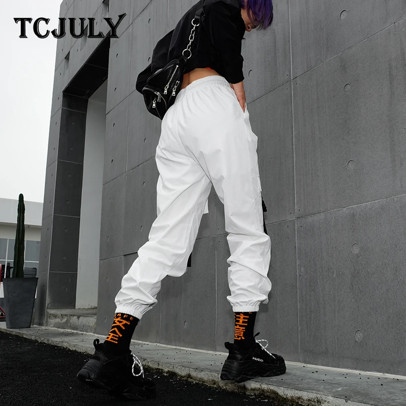 Женские брюки с высокой талией TCJULY Harajuku повседневные белые карманами весна