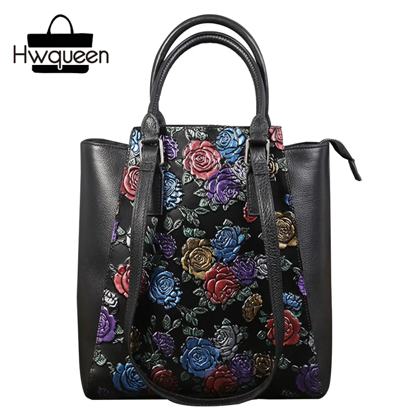 

Vintage Embossed Colorful Rose Flower Designer Women's Single Shoulder Bag Genuine Leather Female Large Purse Handbag For Ladies