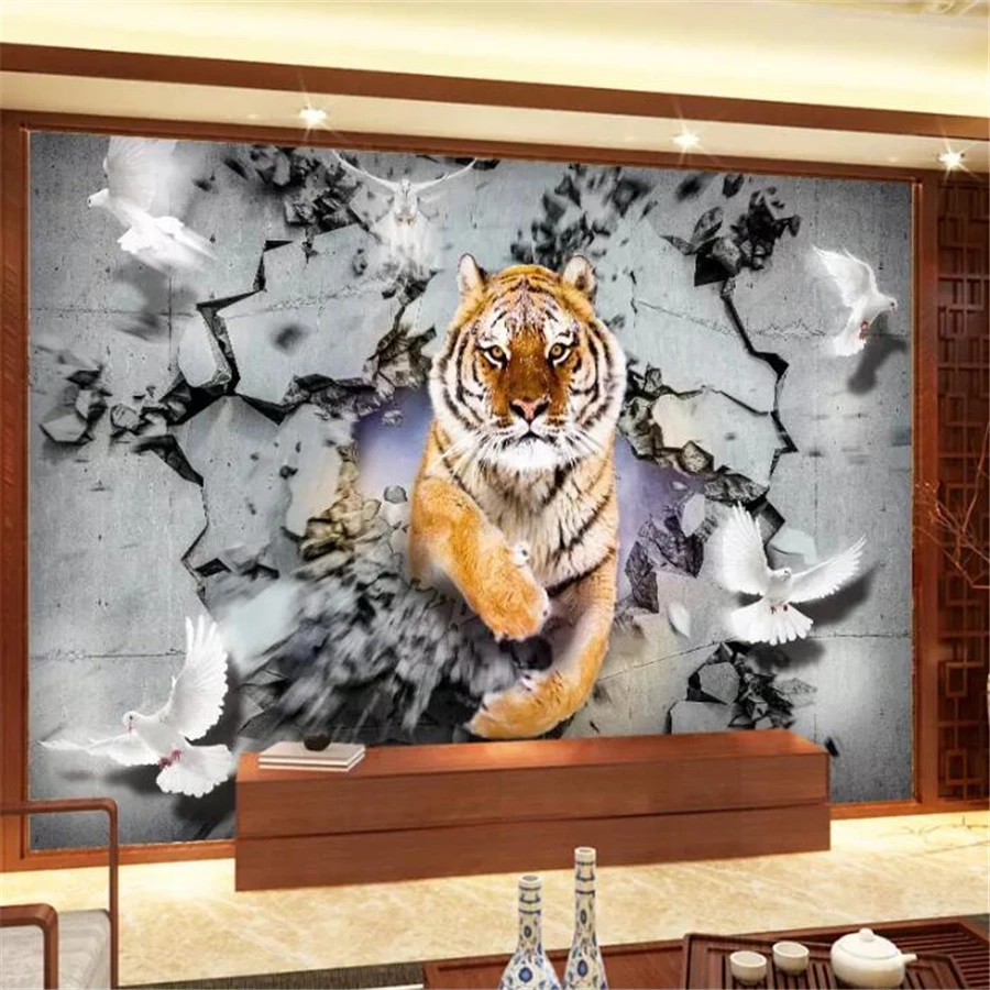 Papel de parede de foto personalizado Papéis de parede de tigre 3D mural  quarto sala de estar sofá TV pano de fundo 3D murais de parede rolo de  papel