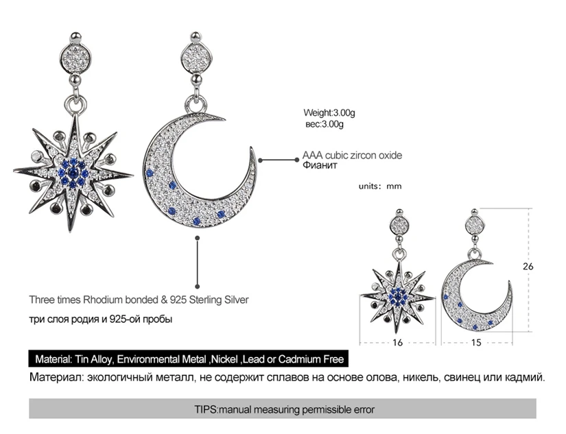 Eulonvan Луна и звезда Висячие 925 пробы Серебряные серьги Свадебные синие кубические циркония модные вечерние серьги SS-E374
