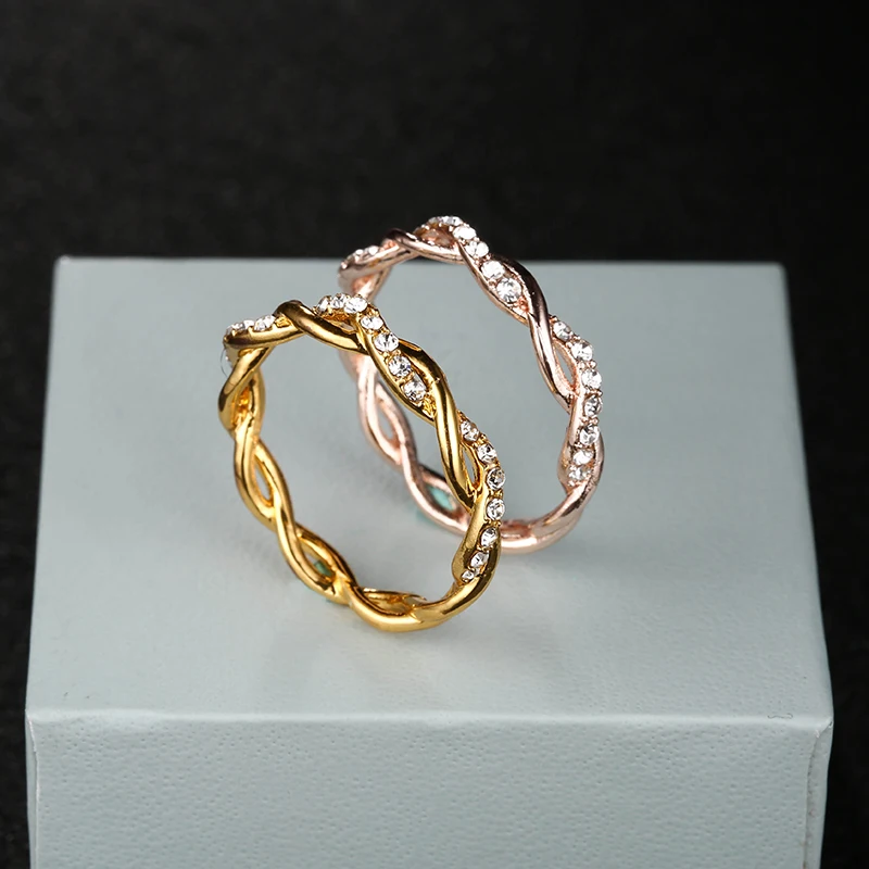 

Rose Gold Color Round Cut Rhinestone Rope Twined Vine Engagement Pave Stackable Stacking Promise Ring Anniversary Gift