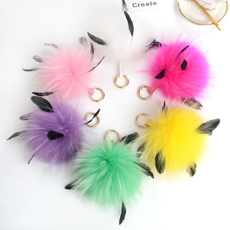 Big Genuine Mink Fur Fluffy Pompom Ball Keychain with Feather Pom Pom