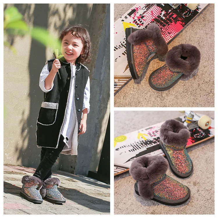 

NEW Boutique Winter Children Boots Thick Warm Shoes Rabbit Hair Sequins Boys Girls baby Snow Boots Girl Ankle Booties Kids Shoe