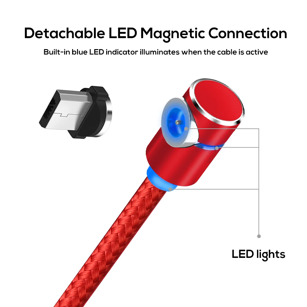 TOPK L-línea magnética Cable de carga 90 grado LED Cable para iPhone 7 6X8 Plus & Micro Cable USB y Cable USB tipo-C USB-C Cable
