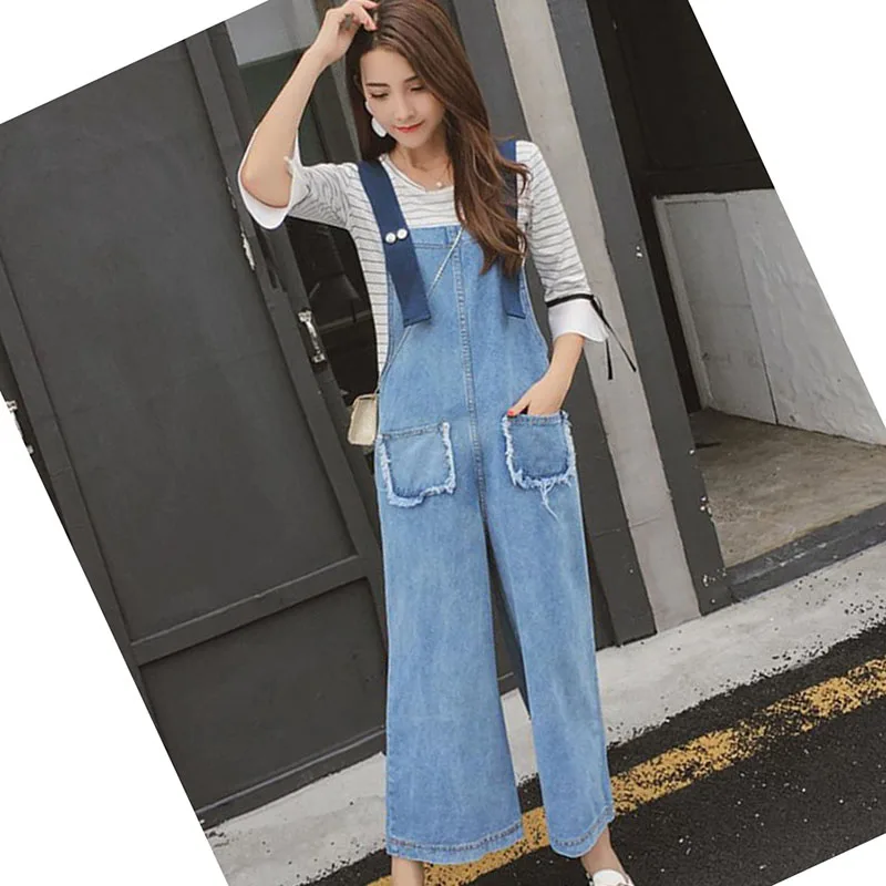 

New loose high waist denim strap nine points wide leg jumpsuit