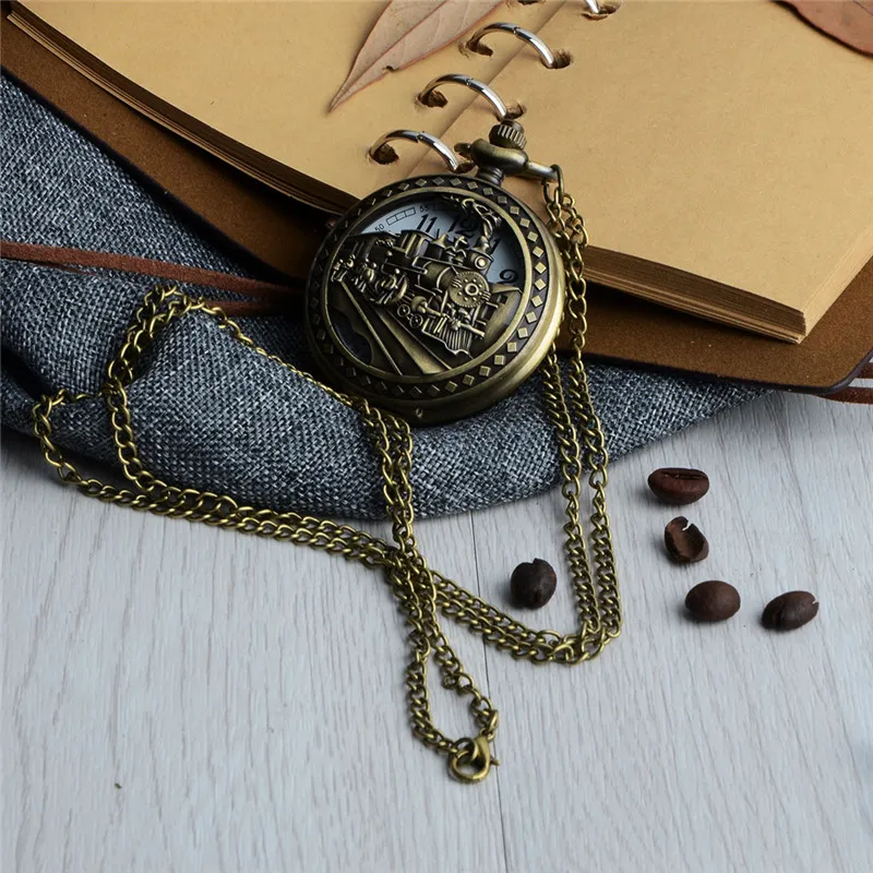 Очаровательный резной поезд стимпанк карманные часы открывающиеся полые Кварцевые часы классические для мужчин и женщин ожерелье подвеска цепь подарок