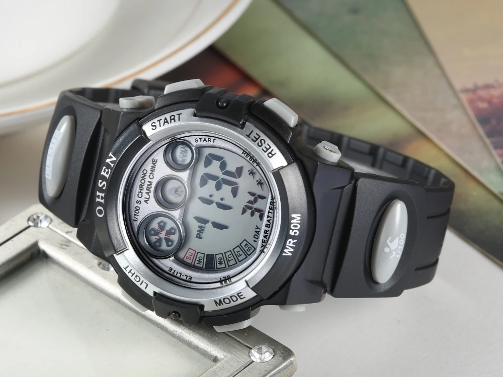 НОВЫЙ OHSEN цифровой бренд lcd Дети Мальчики Мода наручные часы черный резиновый ремешок 50 м водонепроницаемые детские спортивные часы подарки