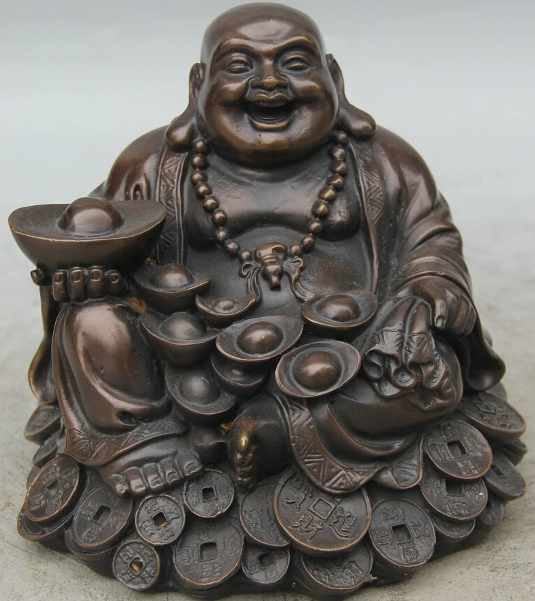 

7" Chinese Buddhism Bronze Seat Wealth Money Happy Laugh Maitreya Buddha Statue