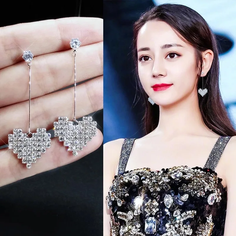 

Korean Temperament Versatile Rhinestone Heart Long Section Earings Fashion Jewelry Personality Statement Earrings For Women