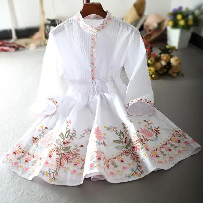

Retro embroidery flower dress women three quarter sleeve slim high waist stand collar a-line printed dress