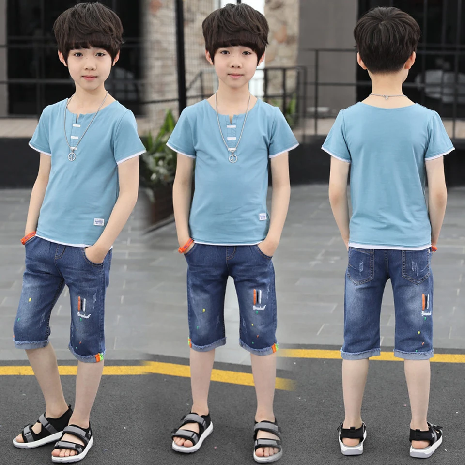

Summer Boys Clothes New Casual Children Clothing Sets Short Sleeve T Shirt +Short Jeans Kids Suit For Boys 6 8 10 12 14 Years