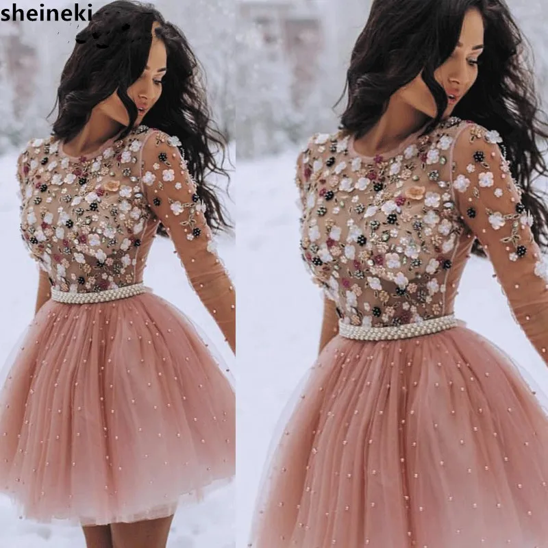 

2019 Short Prom Dresses Pearls Beaded Handmade Flower Long Sleeves Prom Dresses Cocktail Dress