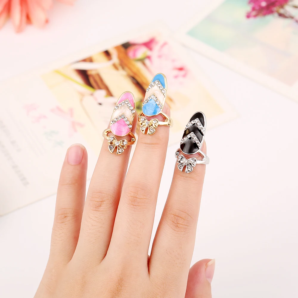 

2016 Newest Design Fashion Bowknot Pattern Art Finger Nail Rings High Quality Personality Rhinestone Punk Nail Ring for Women