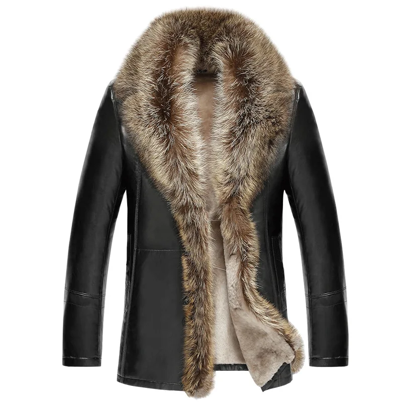 Зимняя овечья кожа, мужская длинная куртка с мехом енота, высокое качество, однотонная утепленная бархатная кожаная куртка, верхняя одежда, парки MZ1158