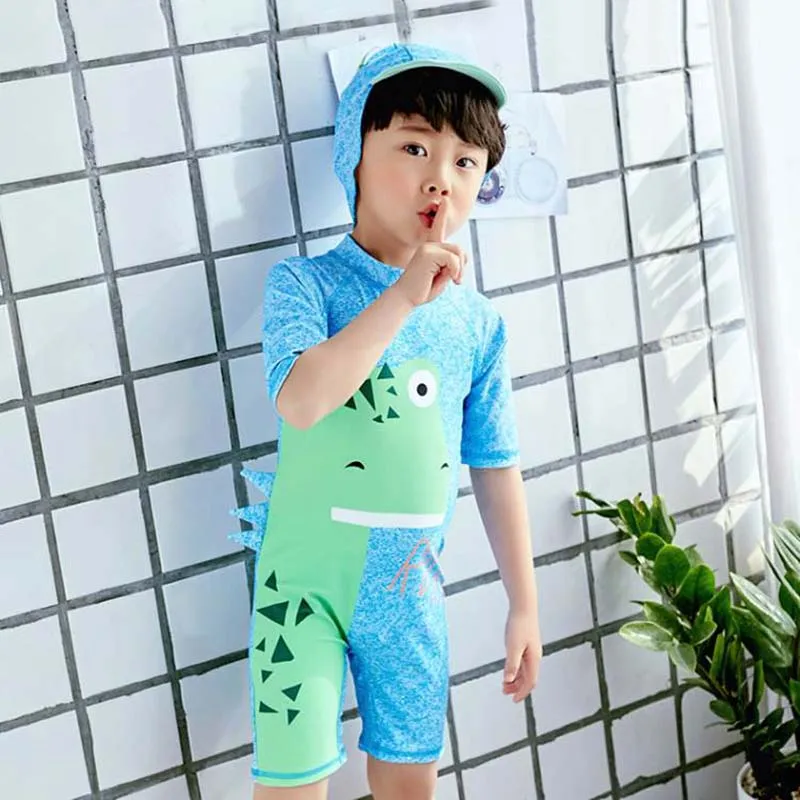 Цельный купальный костюм с рисунком динозавра для мальчиков с шапочкой, детский купальный костюм, От 2 до 7 лет, летние пляжные вечерние купальные костюмы, одежда для купания для малышей