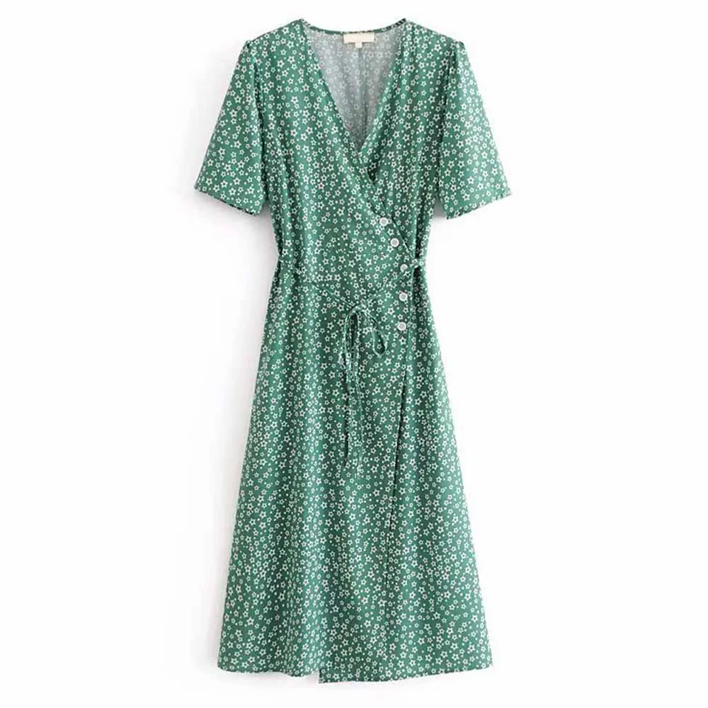 

ANSFX Retro Cross V-Neck Five-pointed Star Pentagram Buttons Lace up Bow Short Sleeve Front Slit Mid-Calf Slim Fit Dress 3 Color