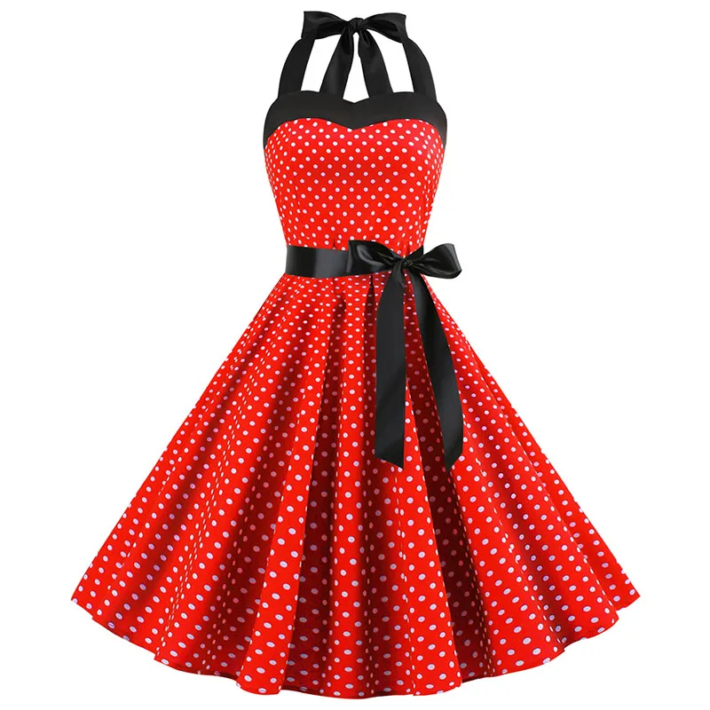 Sexy Retro Red Polka Dot Dress Audrey Hepburn Vintage Halter Dress 50s 60s Gothic Pin Up Rockabilly Dress Plus Size Robe