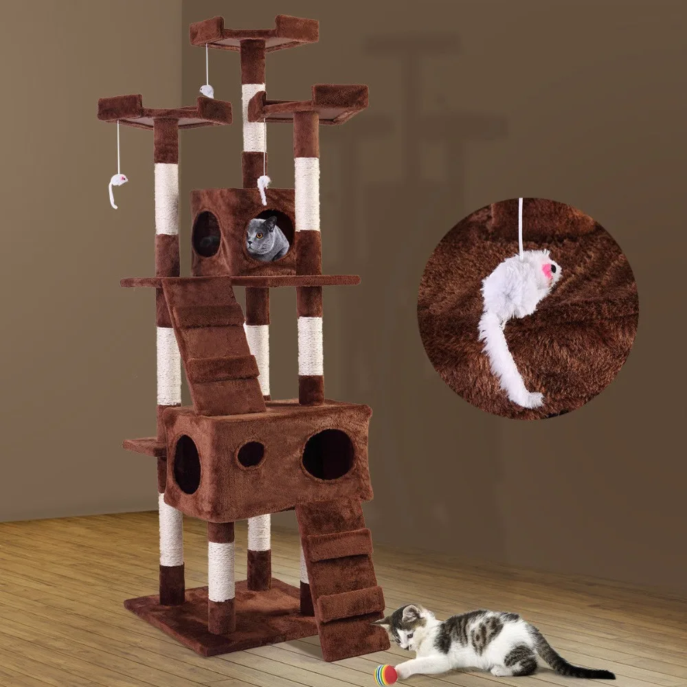

67" Pet Cat Tree Play House Tower Condo Bed Scratch Post Toy Balls Coffee