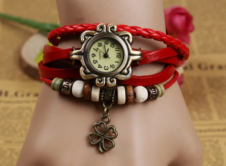 Модные браслеты, женские часы, часы с четырехлистным клевером, женские ретро часы с браслетом - Цвет: Red