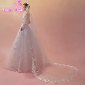 

2018 New Arrival 3M Long Nature White Applique Edge Cathedral Wedding Veil One-layer Bridal Veils Veu De Noiva Real Photos