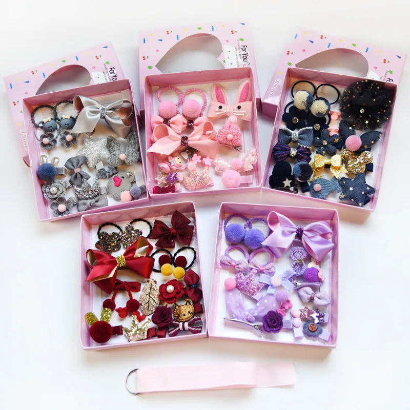 18pcs per Set Girl Hair Accessories Mix Style Girls Hair Bows Kits with Full Covered Clips Hairclips Hair Ties Crown