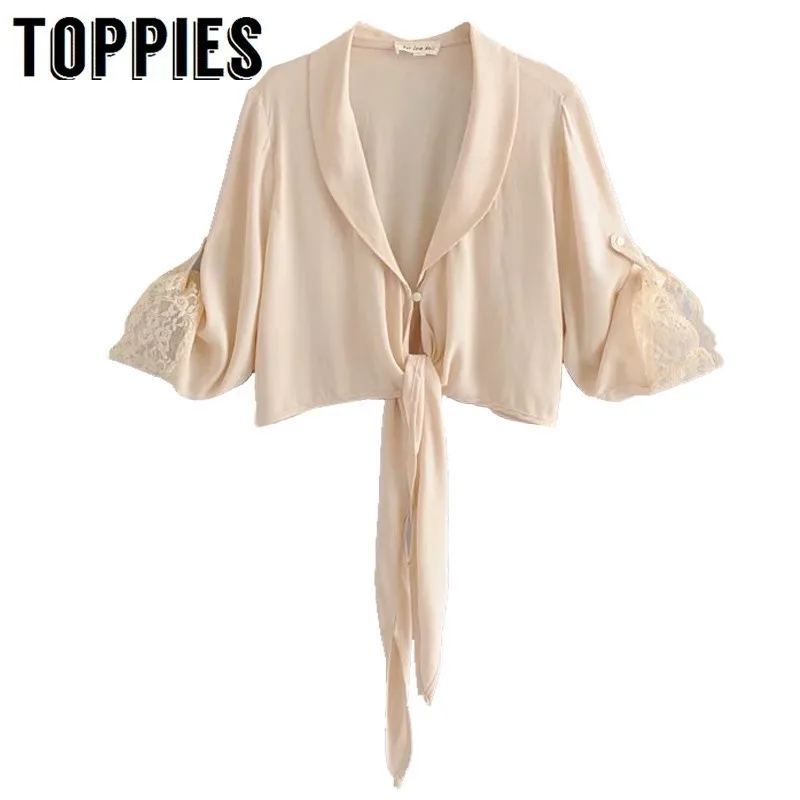 

Sexy Spliced Lace Shirts Deep V Neck Vacation Beach Cropped Tops 2019 Summer Knot Shirts