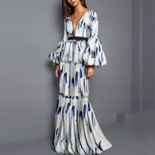 Женское винтажное элегантное торжественное платье макси с цветочным рисунком, этническое Плиссированное богемное платье с рукавом-фонариком, сексуальные вечерние платья с глубоким v-образным вырезом, Vestido