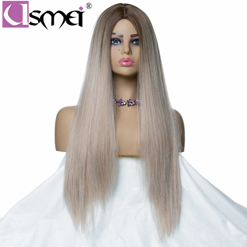 USMEI длинные смешанные серый прямой парик для женщин синтетический парик косплэй ombre 130% плотность Высокое температура волокно Поддельные