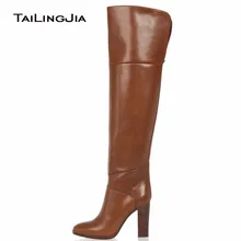 Women's Brown Over knee High Boots High Heel Round Toe Fashion Zipper Block Heel Winter Keep Warm Ladies Boots Free Shipping women genuine leather side zipper comfortable square heel knee high boots fashion round toe keep warm winter shoes b