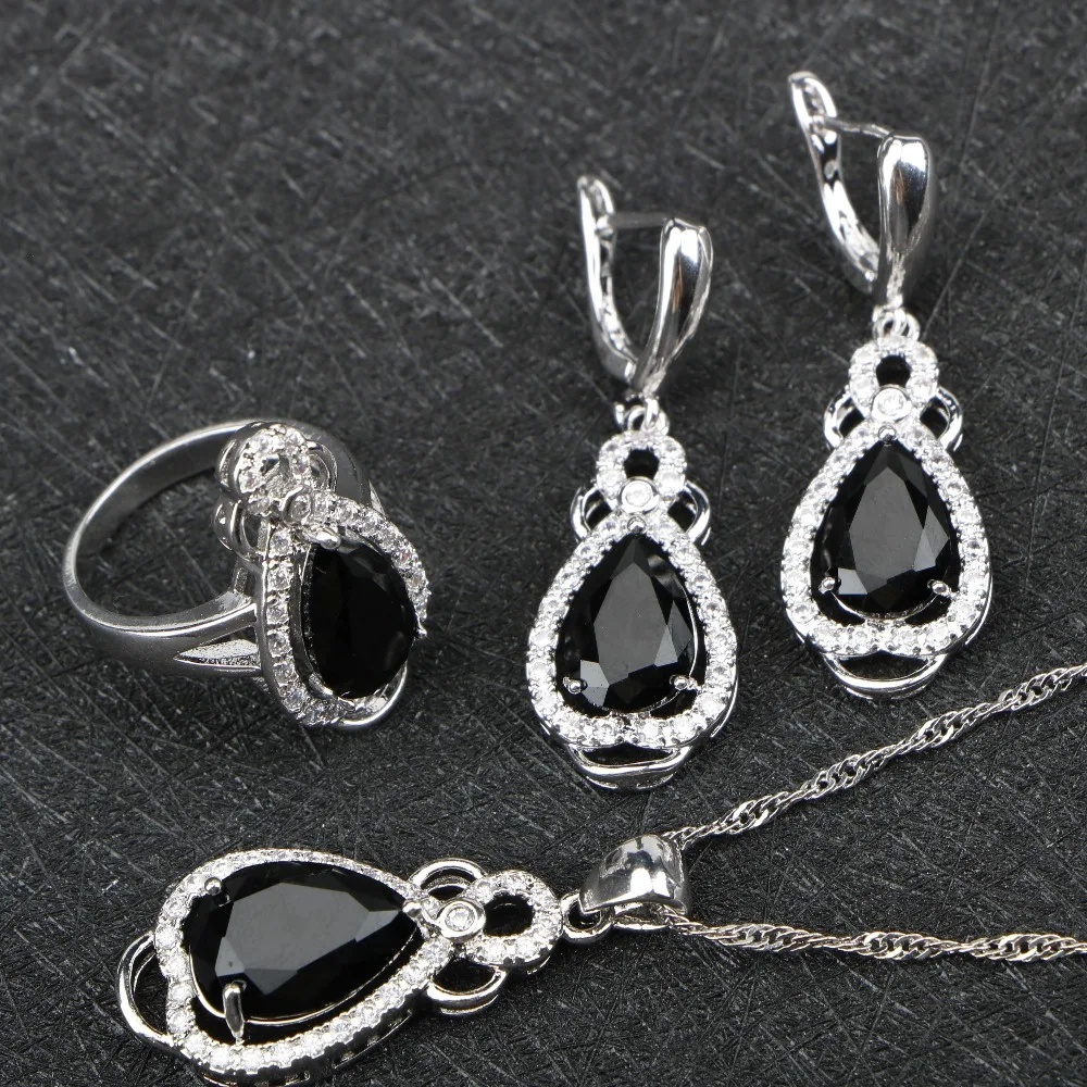 Новое поступление черные камни Белый CZ Классический 925 пробы серебряные Ювелирные наборы браслеты/ожерелье/кулон/серьги/кольцо для женщин