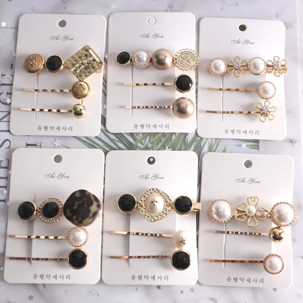 3PCS Hot Korea Chic Alloy Metal Hair Clips Pearls Hairpins Geometric Flower Barrett Women Hair Accessories Gold Color Hairgrip