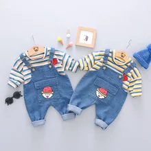 Детская осенняя одежда, костюм для маленьких мальчиков в полоску с коротким рукавом для мальчиков полосатая футболка ремешки с анимационными персонажами Брюки 2 шт./компл. для детей ясельного возраста, Повседневное детские спортивные костюмы