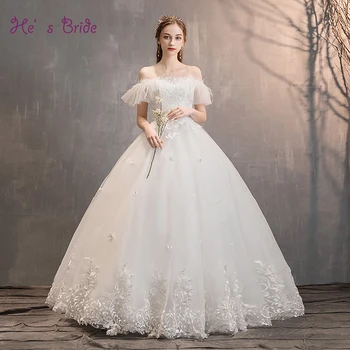 

He's Bride New Simple Bride Boat Neck Lace Appliques Feather Floor-Length Cap Sleeve White Wedding Dress Vestido De Novia