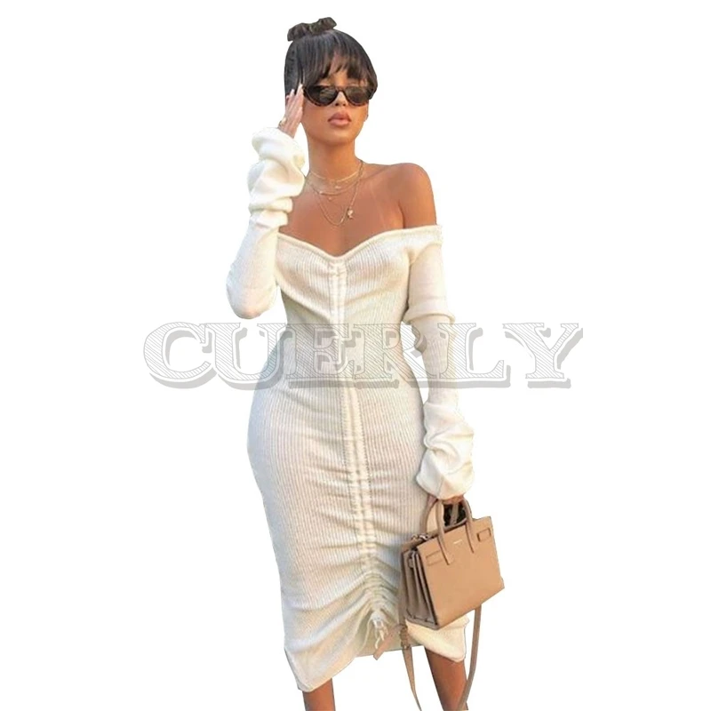 Image Front Drawstring Sexy Bandage Dresses Women White CUERLY Neck Long Sleeve Club Party Dress Autumn summer Off Shoulder Maxi Dress