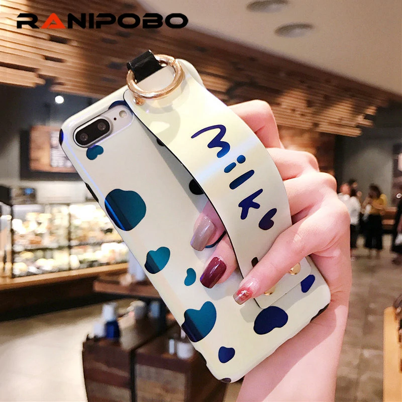 

Blu-ray Milk Cow Wrist Strap Phone case For iphone 6 6s Milk English Word Soft Phone Back Cover Case For iPhone 6 6S 7 8 Plus X