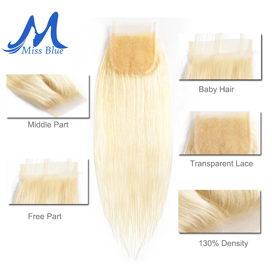 Missblue 4x4 бразильские человеческие волосы, прямые, 613, блонд, кружева, закрытые, с волосами для малышей, средняя часть, кружева, Фронтальная застежка