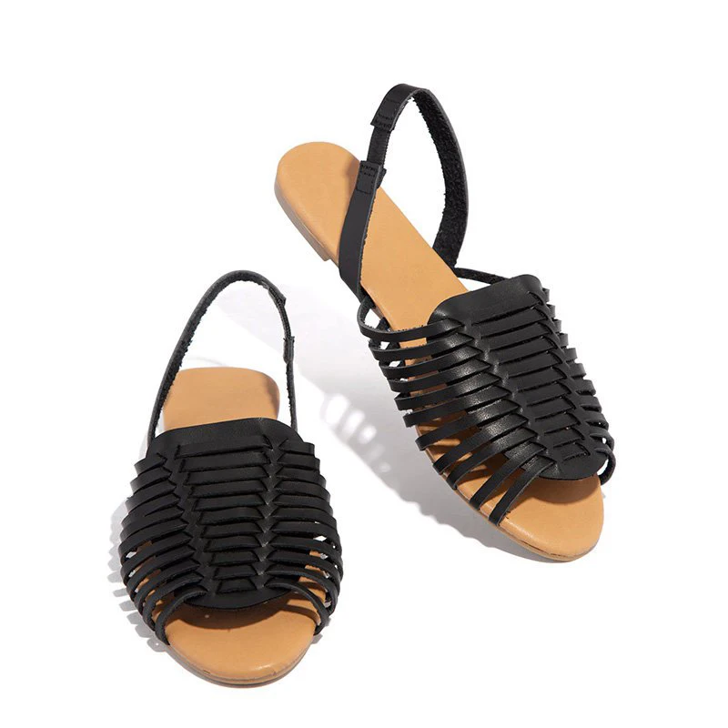 Женские плетеные сандалии из искусственной кожи на плоской подошве; женская пляжная обувь с открытым носком; женская дышащая модная летняя обувь без застежки - Цвет: black