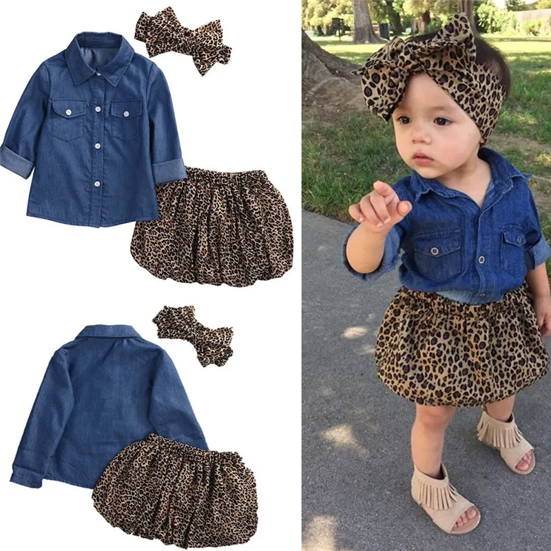 

Angeltree Baby Girls Summer Clothing Set Toddler Kids Denim Tops+Leopard Culotte Dress +Headband 3Pcs Outfits Children Clothes