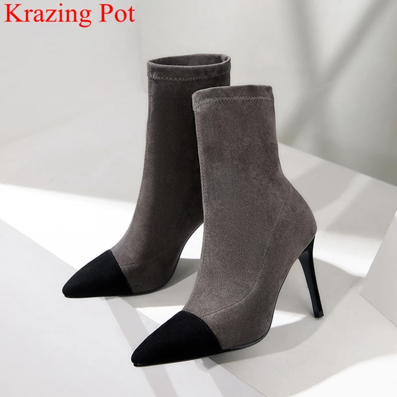 

superstar flock pointed toe high heels women ankle boots mixed colors fashion strech boots elegant keep warm winter shoes L9f1